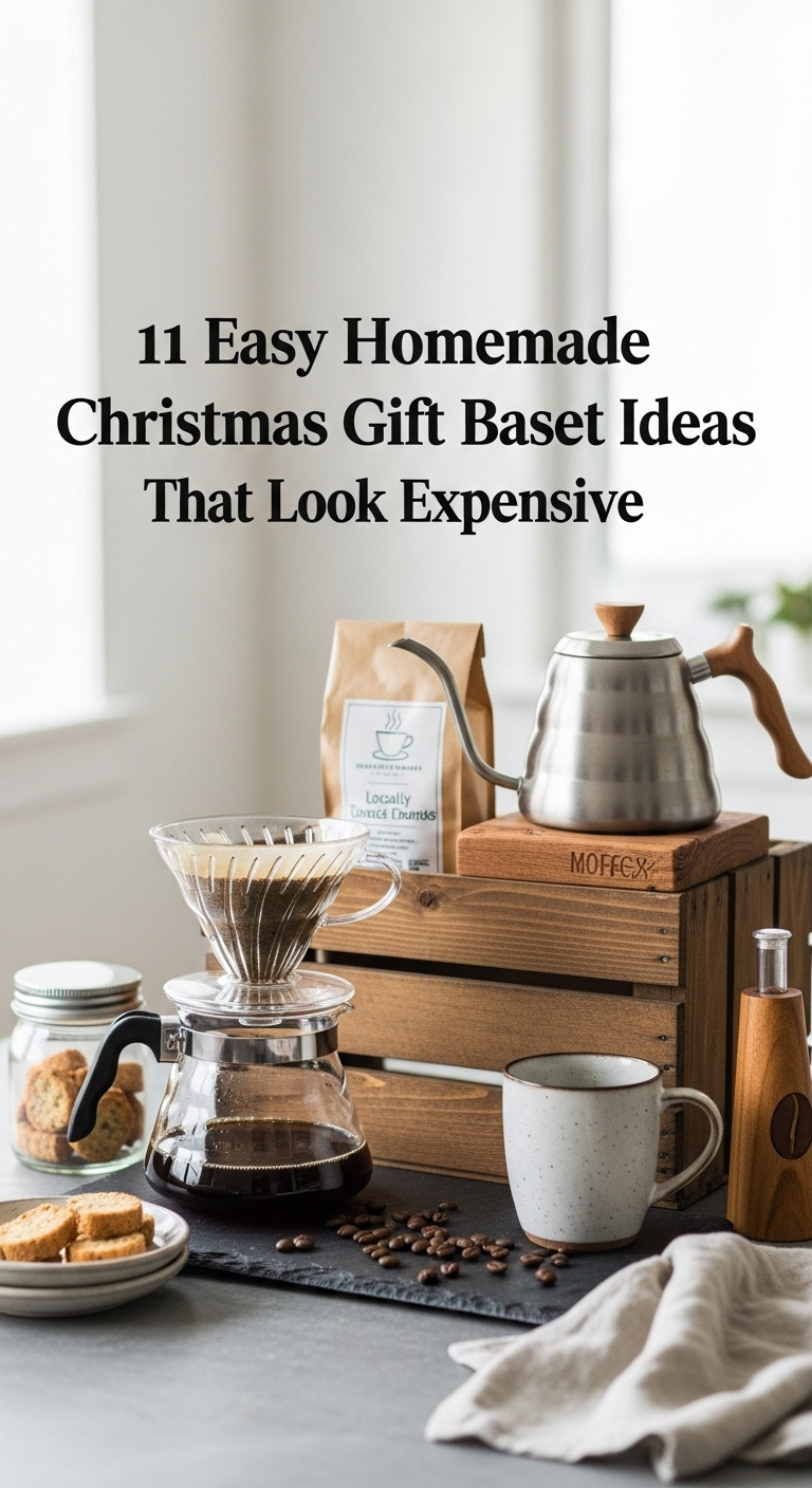 Artisanal coffee lover's gift crate with pour over maker beans kettle and mug on a dark slate surface