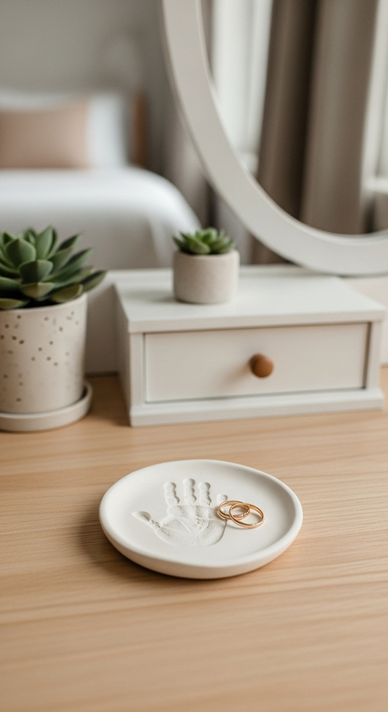 Beautiful small white clay hand shaped ring dish with a childs handprint resting on a light wood vanity table