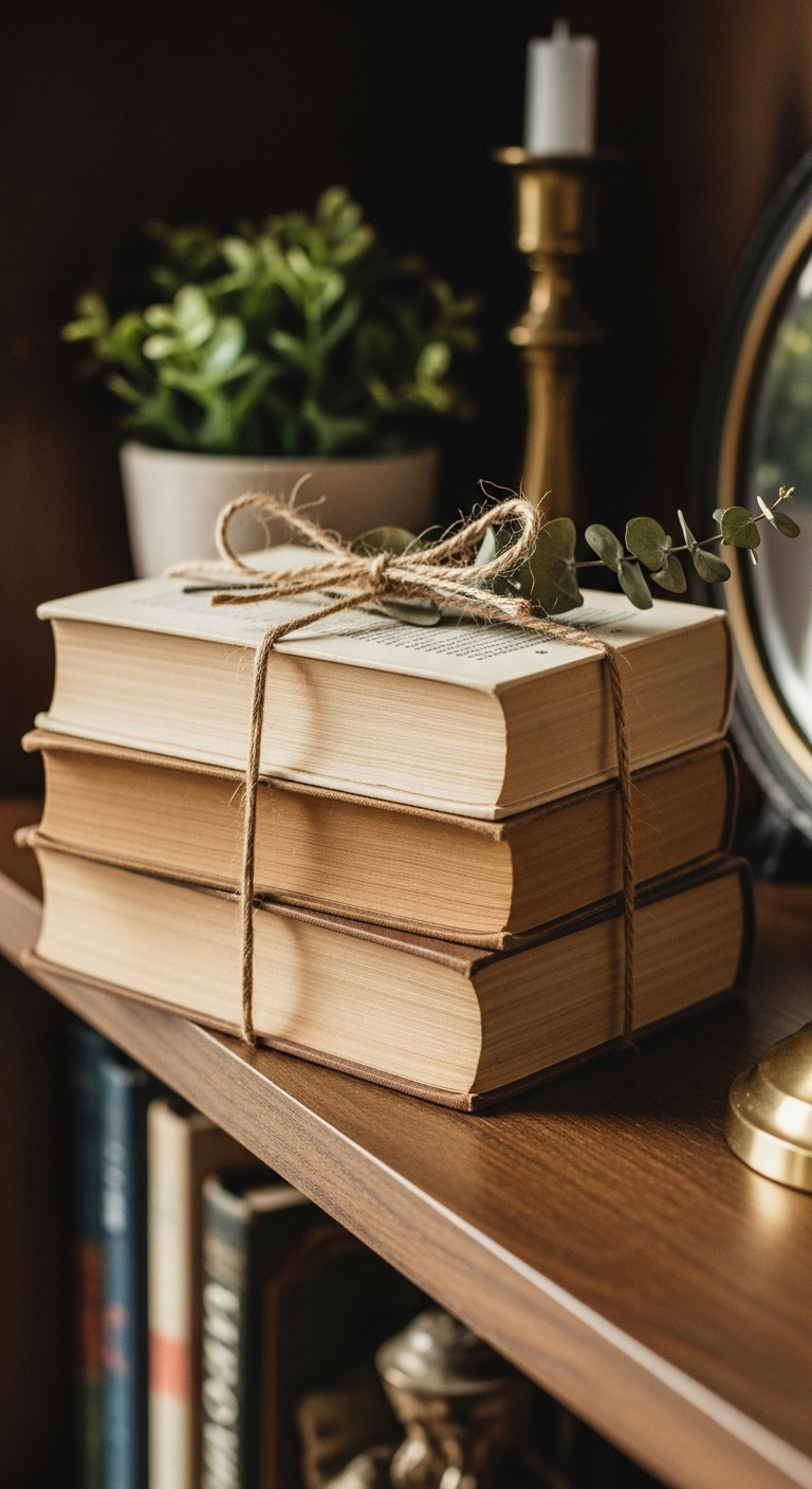 Bundle of three aged hardcover books with covers removed tied with rustic jute twine on a dark wood bookshelf