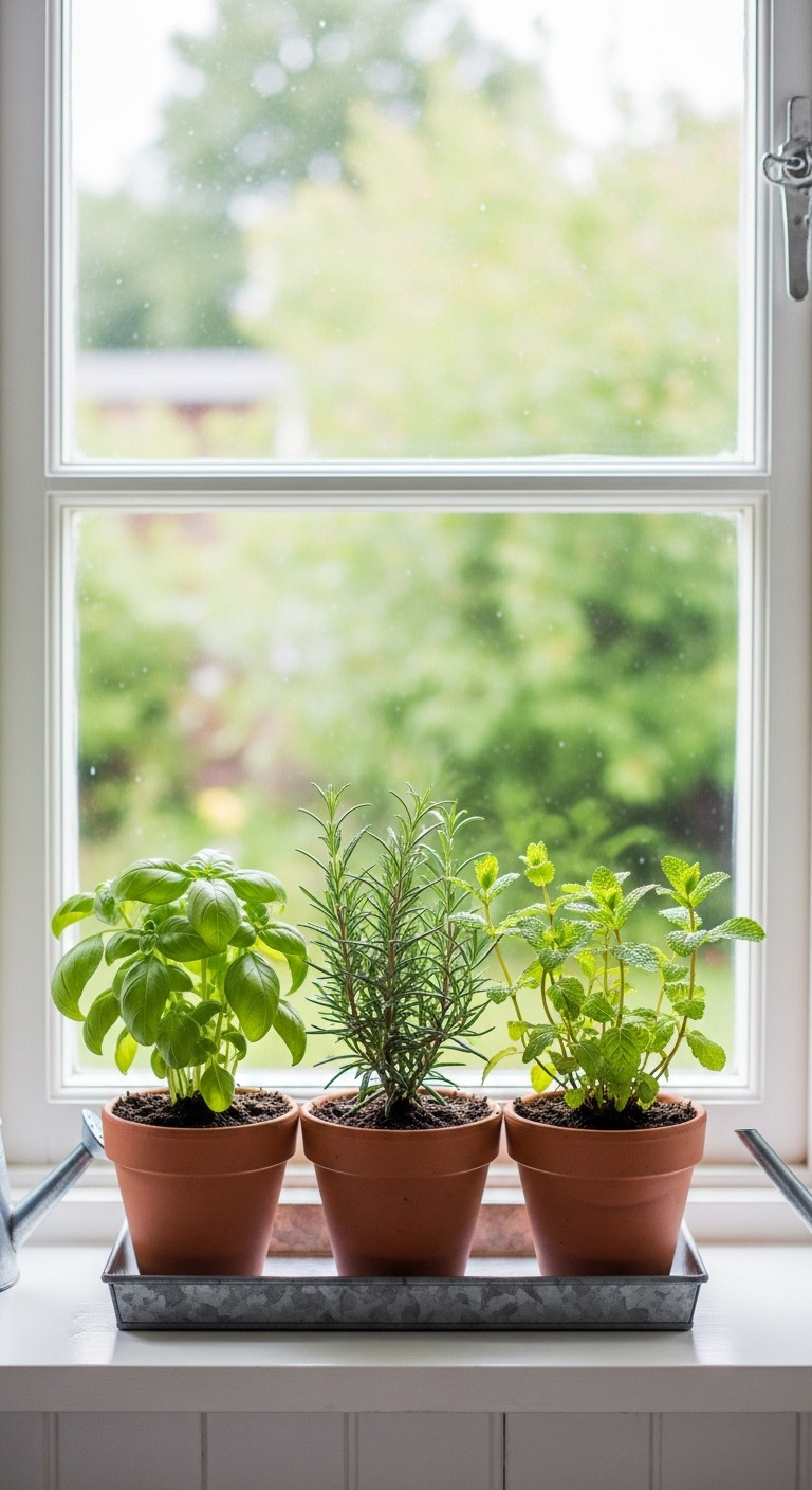 Charming container herb garden with basil rosemary and mint in terracotta pots on a sunny kitchen windowsill