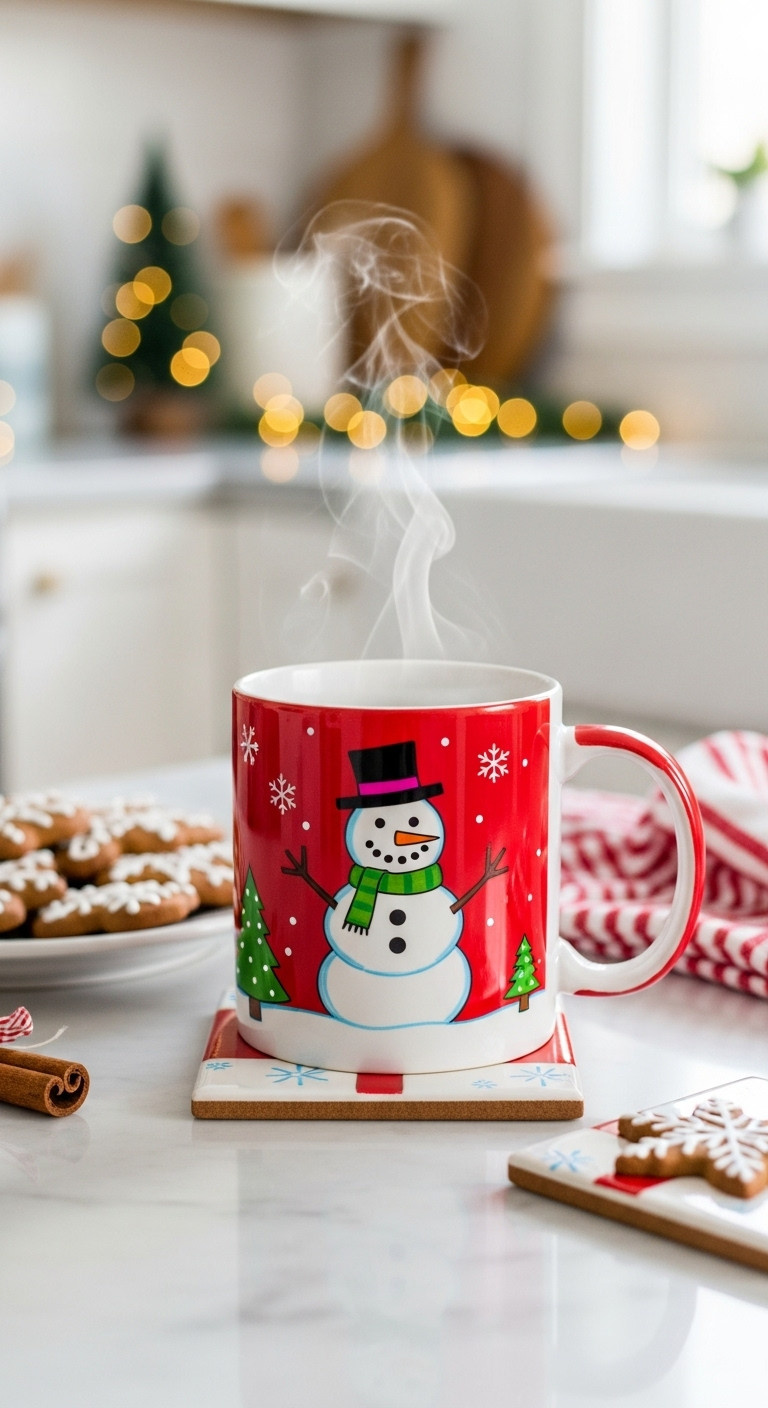 Cheerful DIY sharpie mug and matching coaster with a childs snowman drawing on a cozy kitchen counter with gingerbread cookies