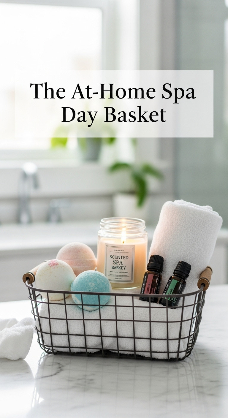 Chic at-home spa day gift basket with bath bombs candle essential oil and fluffy towel on a white marble countertop