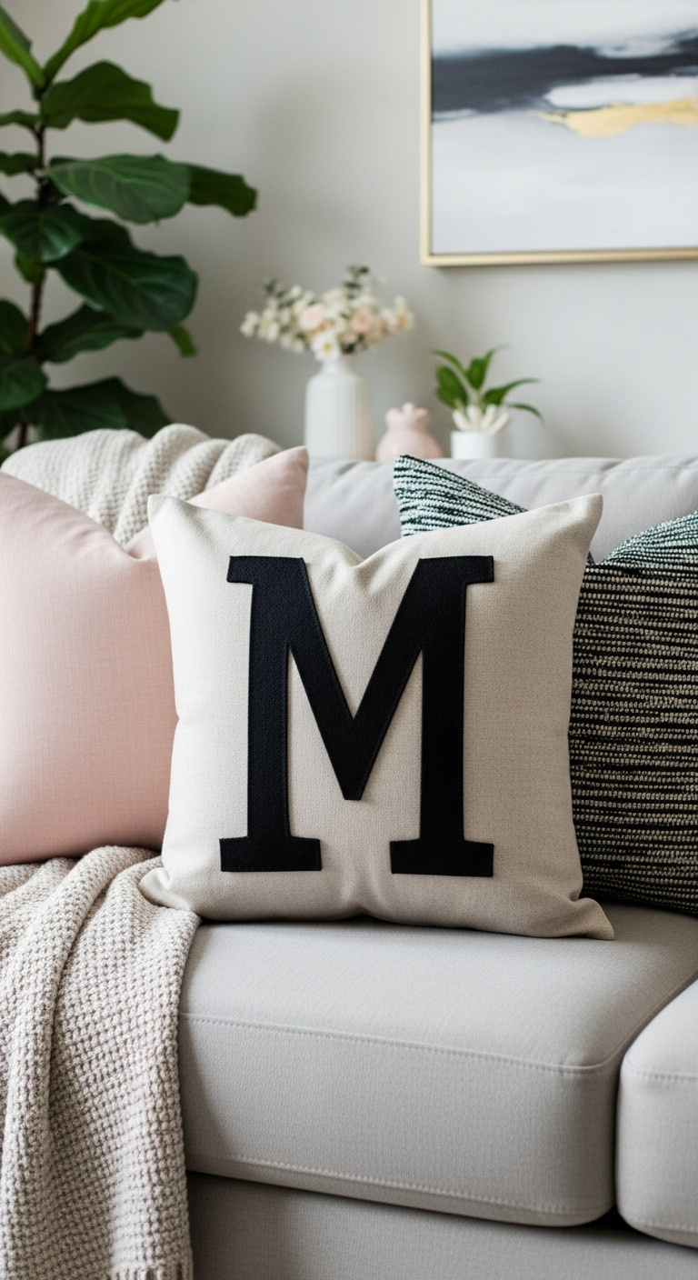 Chic no sew monogrammed pillow with an M in black felt on a neutral beige linen pillow resting on a light gray sofa