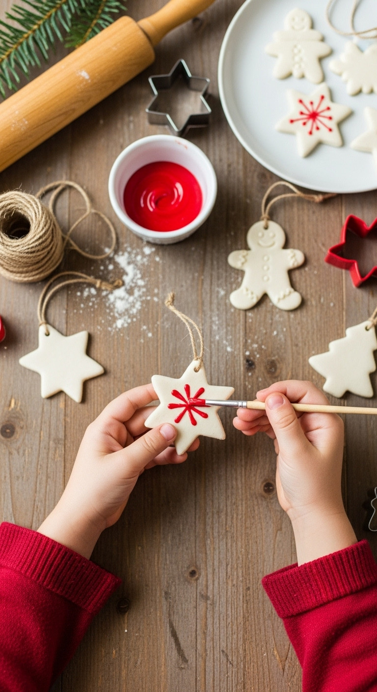 Childs hands painting a star shaped salt dough ornament on a rustic wooden table with other finished ornaments nearby