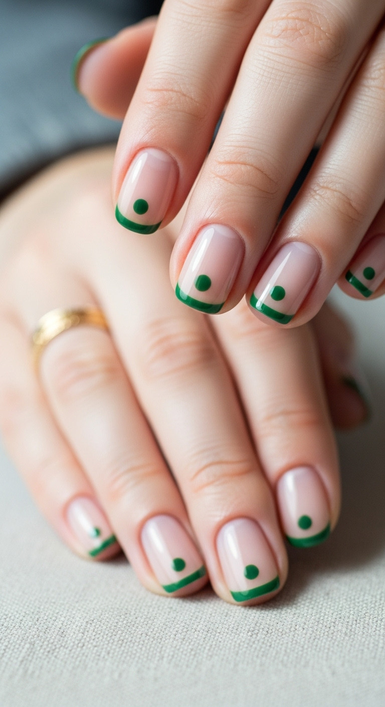 Clean minimalist nails with sheer milky nude base and single deep forest green dot design on light gray linen fabric