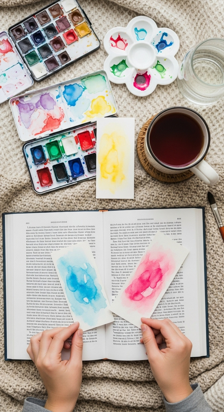 Colorful watercolor bookmarks made by a child, one bookmark in an open book on a cozy blanket with a tea mug