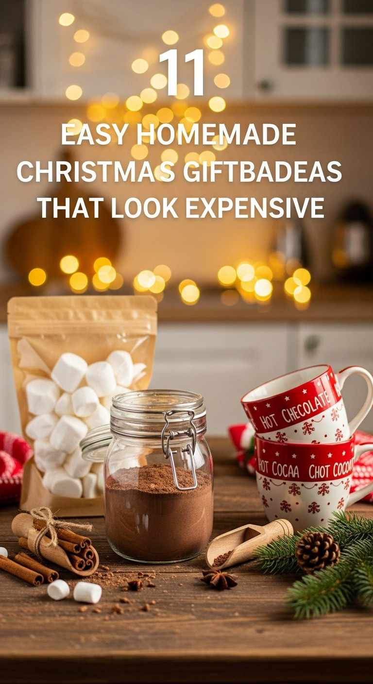 Cozy hot chocolate gift basket with gourmet mix artisanal marshmallows and festive mugs on a rustic wooden table