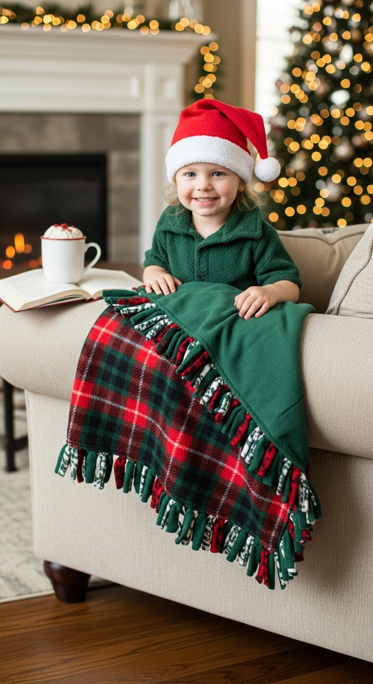 Cozy no sew fleece tie blanket in festive plaid draped over a neutral couch with a book and hot cocoa