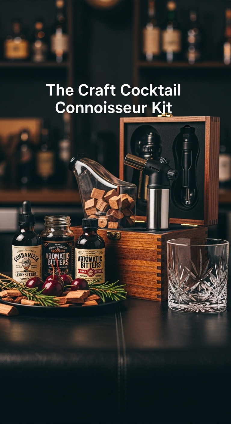 Craft cocktail connoisseur kit with a smoker bitters cherries and old fashioned glass in a dark wood box