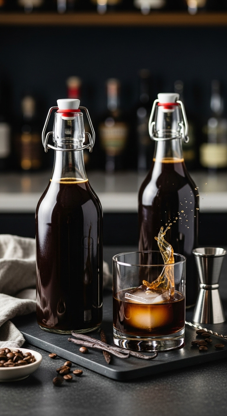Elegant bottles of homemade espresso vanilla liqueur on a dark slate board with coffee beans and a cocktail jigger