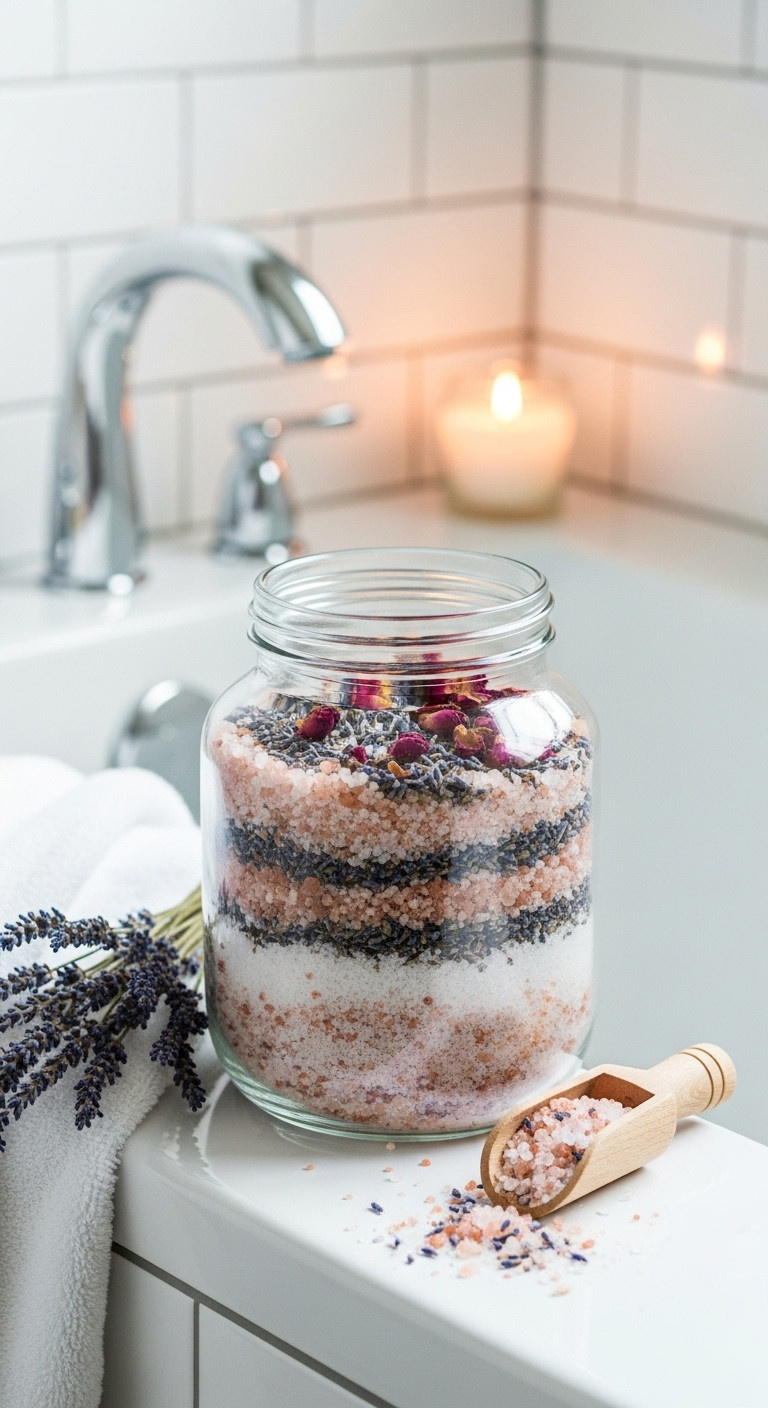 Elegant glass jar filled with homemade bath salts with Epsom salt Himalayan salt lavender and rose petals on a white bathtub