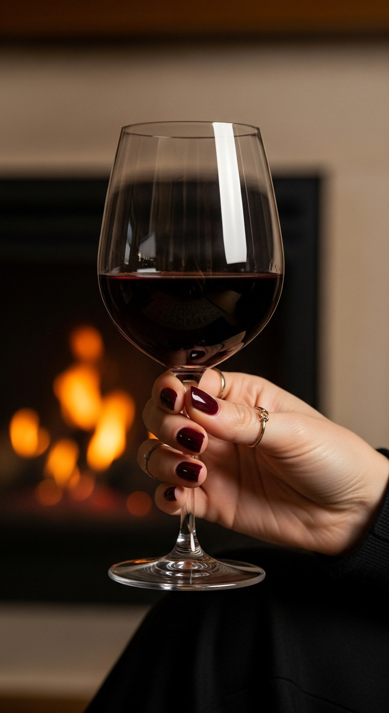 Elegant hand with deep burgundy oval nails holding a wine glass in a cozy, firelit living room setting