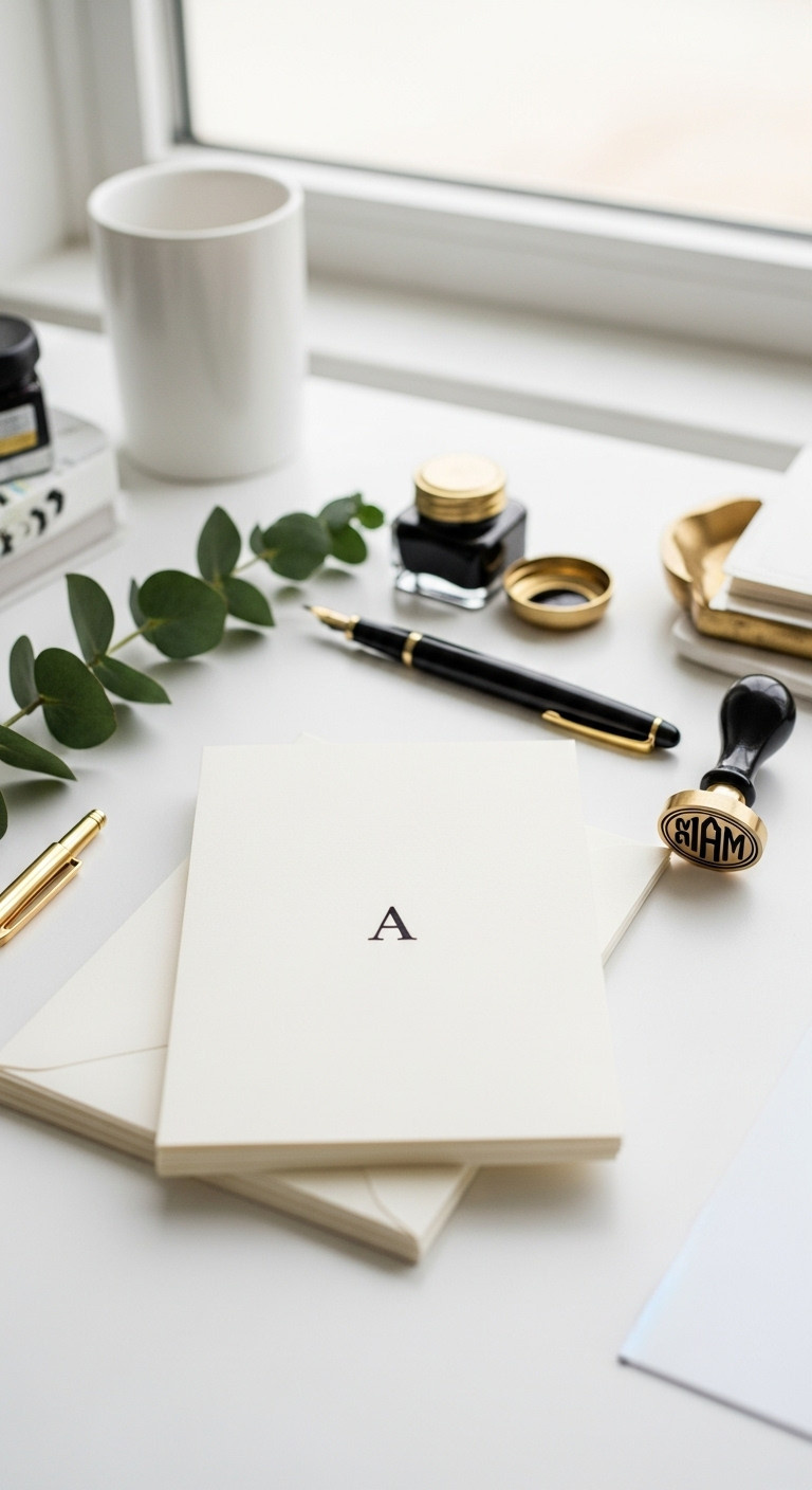 Elegant personalized stationery set with monogrammed notecards envelopes fountain pen and eucalyptus branch on a clean white desk