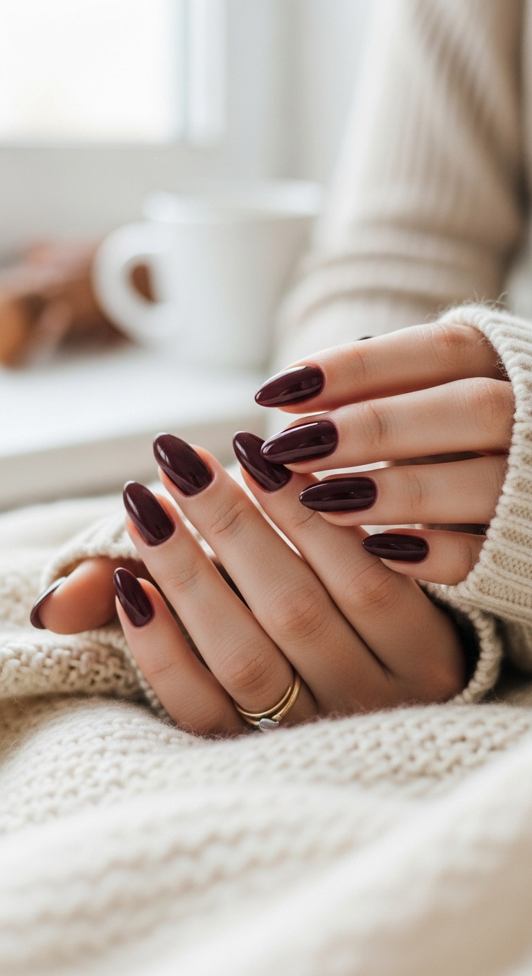 Elegantly manicured hands with deep plum almond nails resting on a cozy cream sweater in soft natural light perfect for autumn style