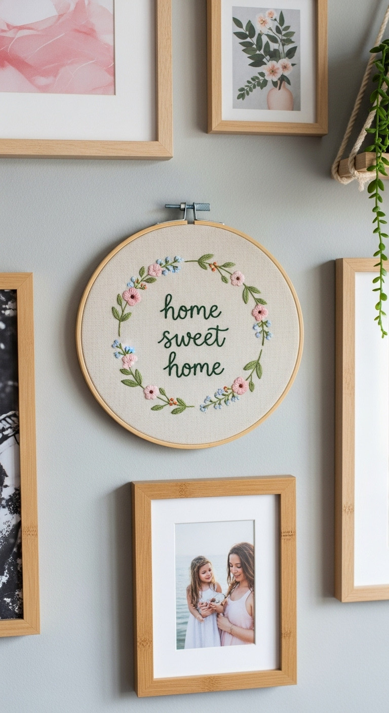 Embroidered wall art in a bamboo hoop with a floral wreath and home sweet home phrase on a light gray gallery wall