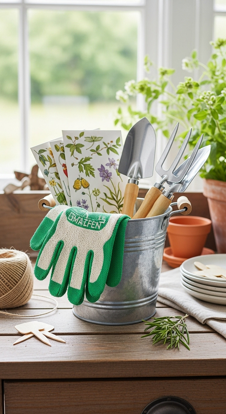 Gardener's delight gift pail with gloves trowel fork and seed packets on a rustic wooden potting bench