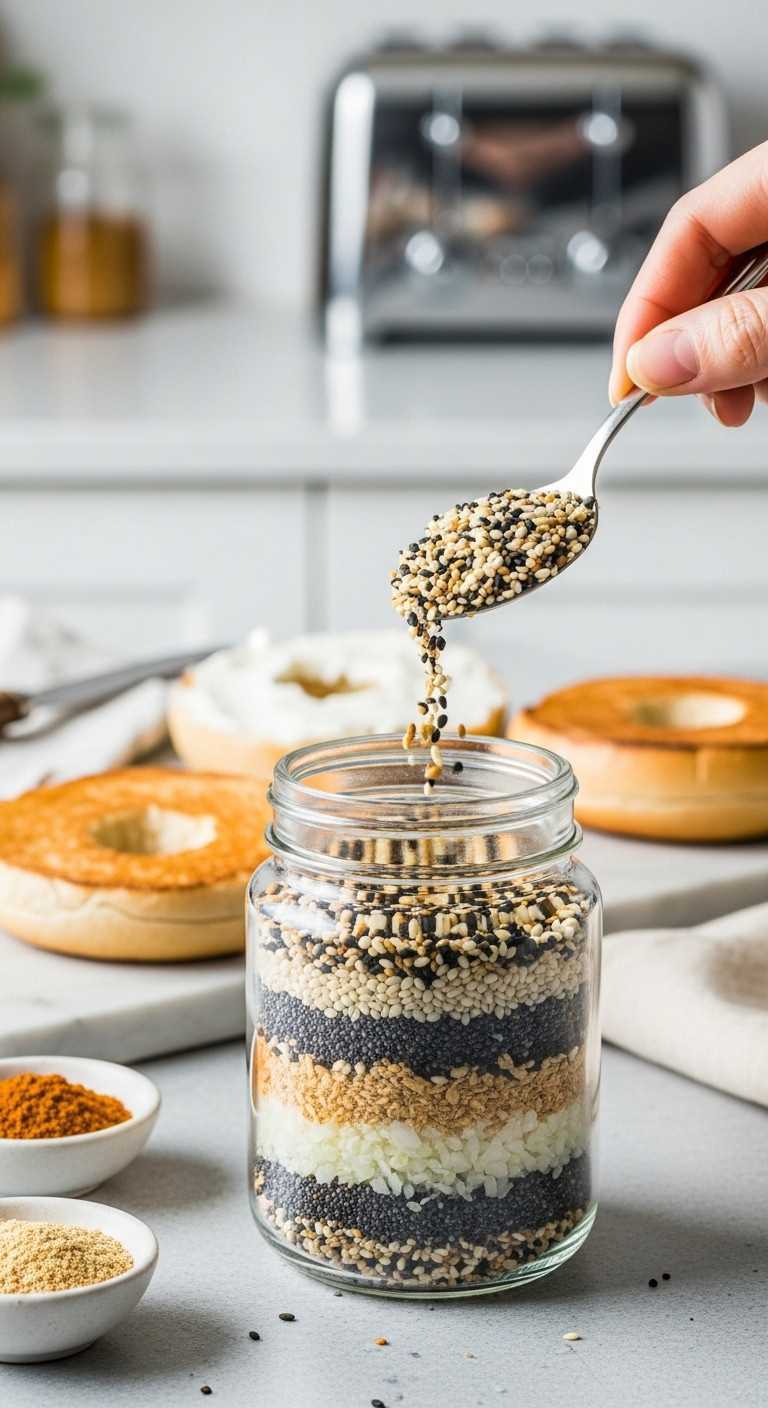 Glass jar of homemade everything bagel spice blend with a toasted bagel and cream cheese in a clean kitchen setting