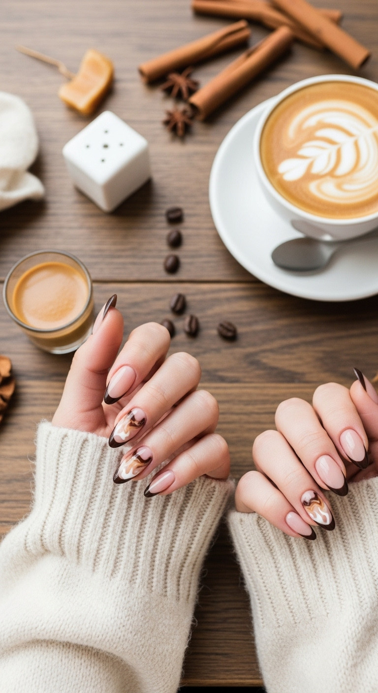 Hands with almond-shaped coffee and cream swirl nails on a rustic wooden table with latte and sweater in soft window light