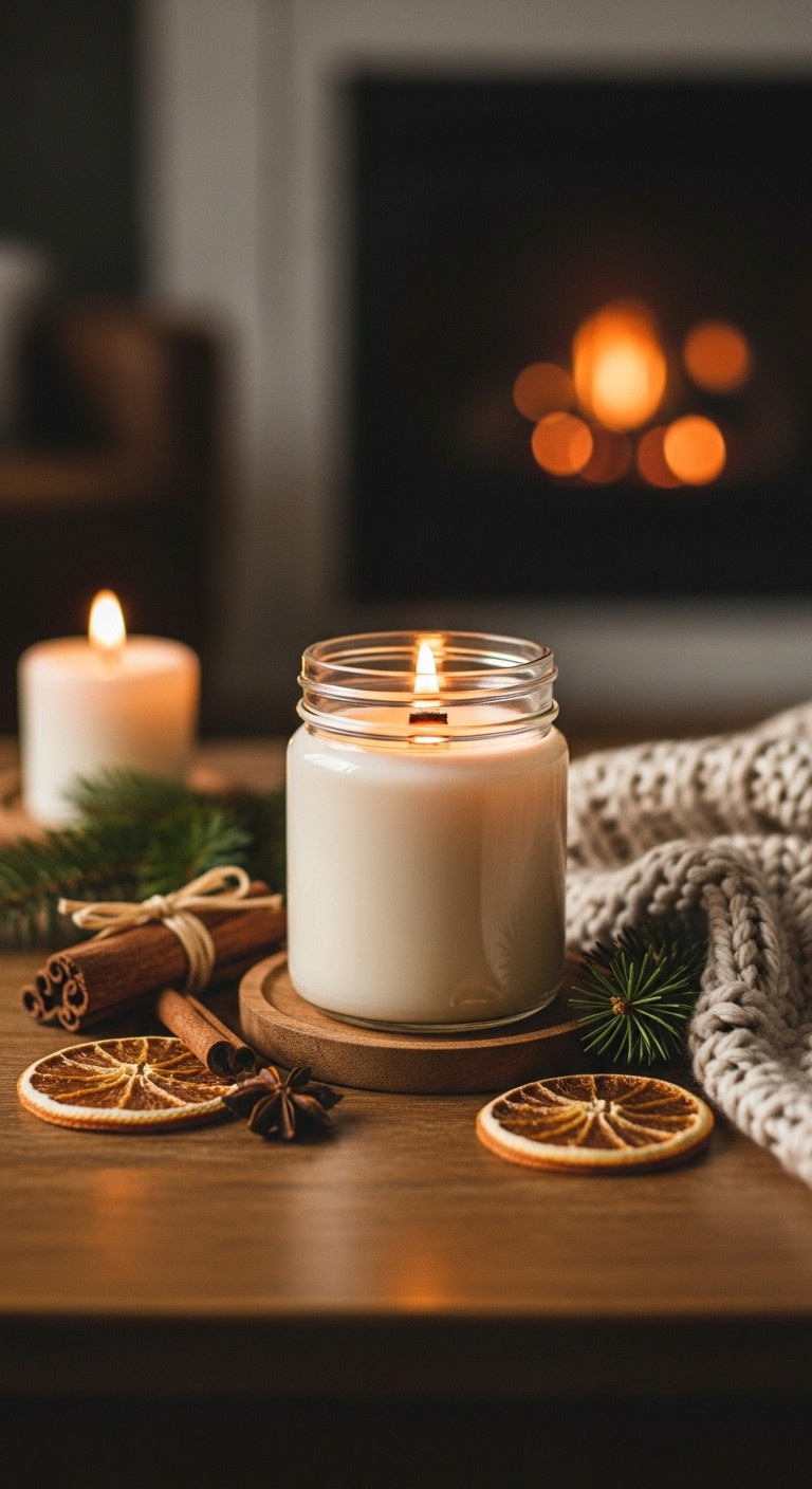 Homemade scented soy candle in a mason jar with a wooden wick on a rustic table with a cozy blanket and fireplace glow
