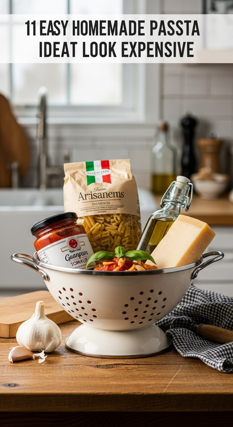 Italian pasta night gift basket with artisanal pasta sauce cheese and olive oil in a colander on a rustic wooden table