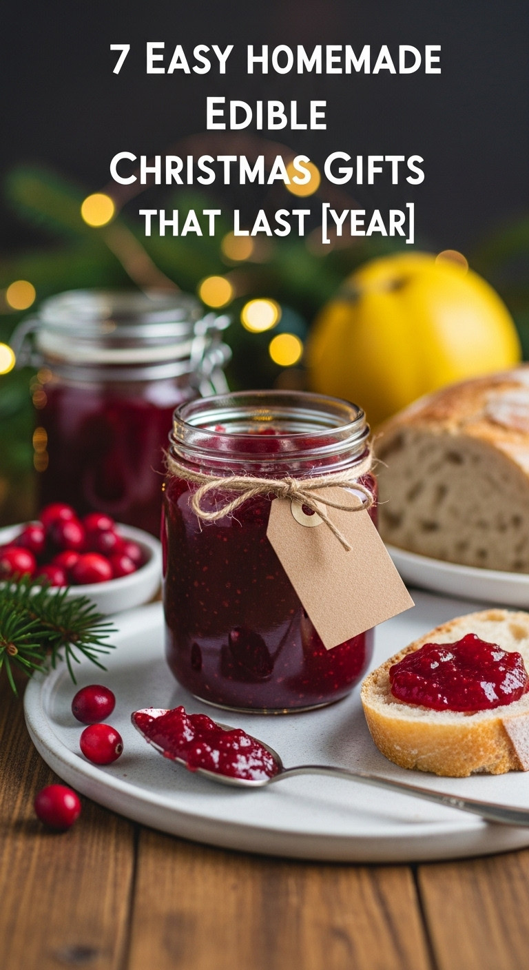 Jar of homemade cranberry quince jam with a spoonful on sourdough bread on a rustic wooden table with holiday decorations