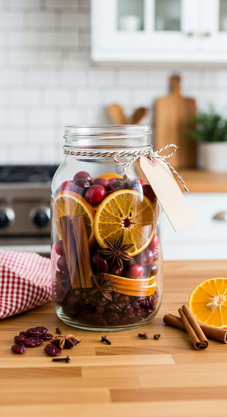 Large mason jar filled with layered simmer pot ingredients dried orange slices cranberries and cinnamon sticks on a butcher block countertop