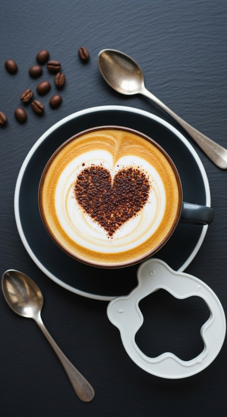 Latte with heart foam art made using a stencil on a dark slate surface with scattered coffee beans and a spoon