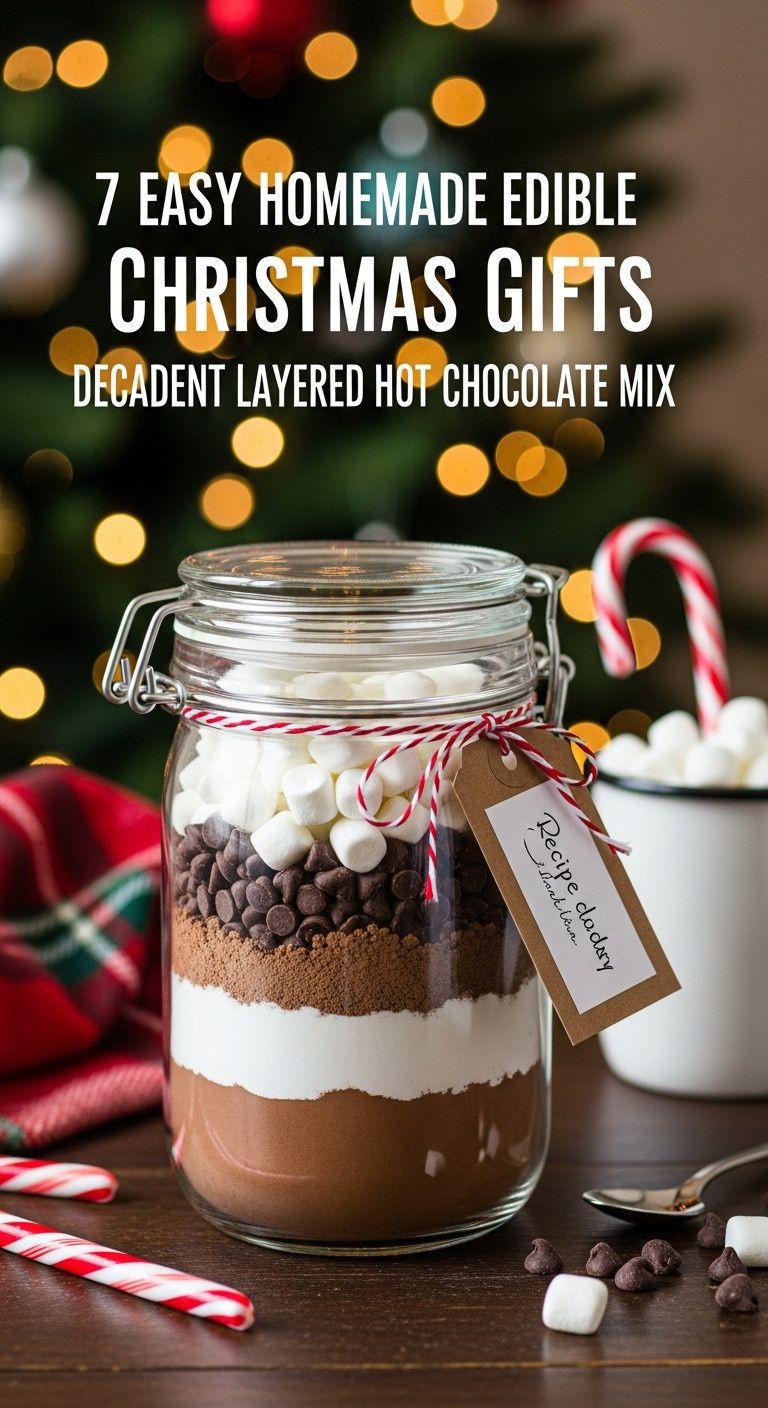 Layered hot chocolate mix in a clear glass jar with a festive tag and a steaming mug in front of a Christmas tree