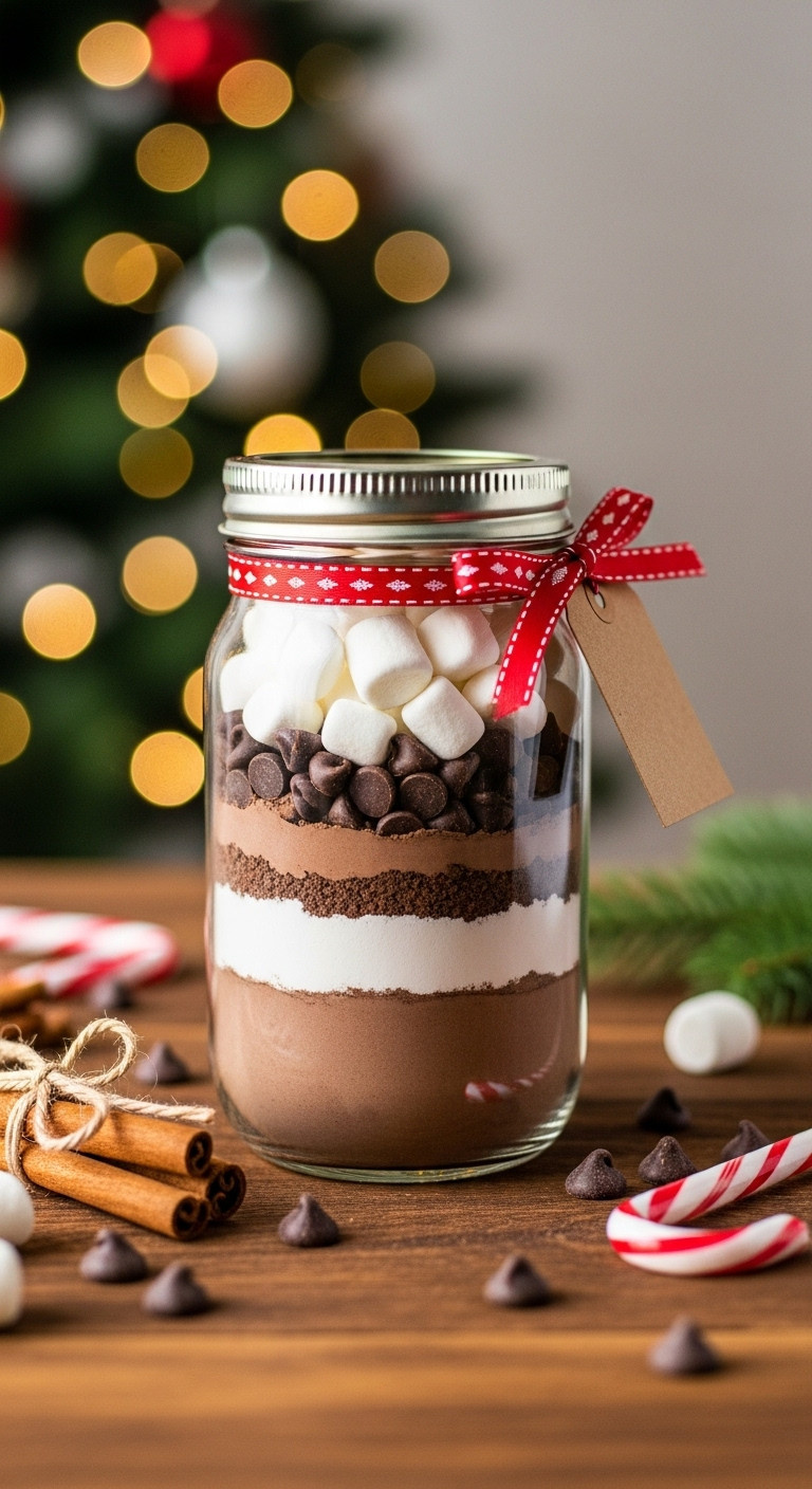 Layered hot chocolate mix in a mason jar with a red ribbon and tag on a rustic wooden table with a Christmas tree