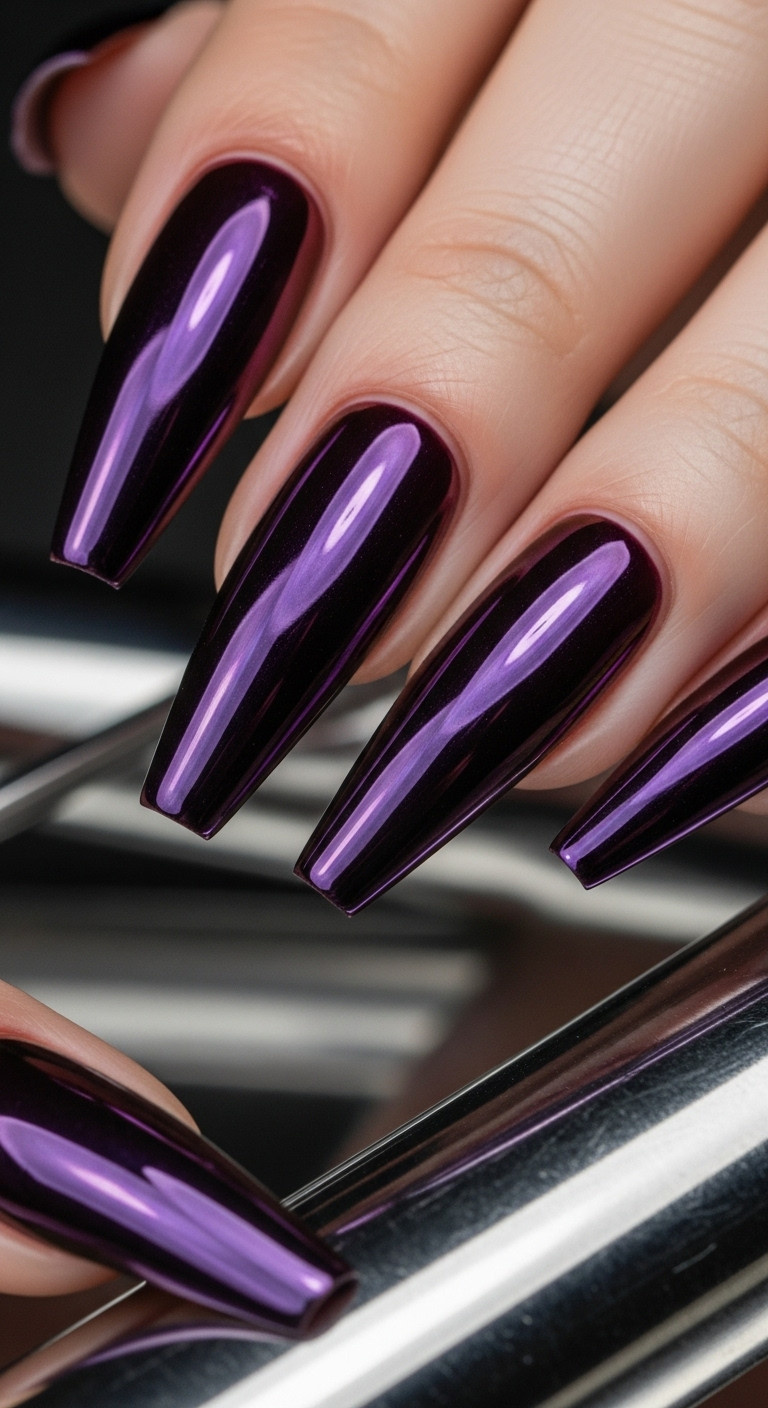Long stiletto nails with highly reflective plum chrome finish on a sleek dark metallic surface in bright studio lighting
