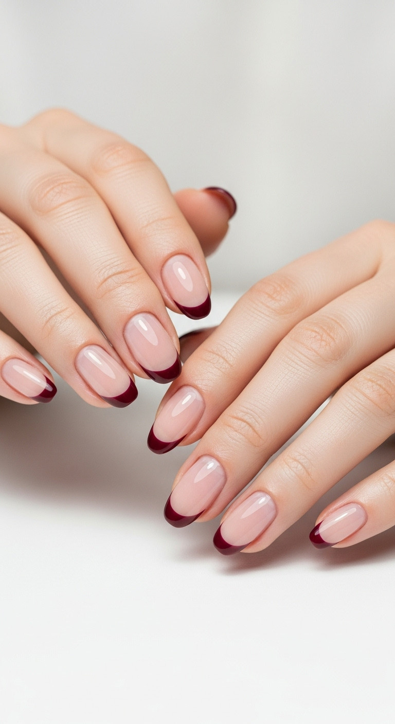 Macro detail of almond nails with sheer nude base and ultra-thin deep burgundy micro French tips against an off-white background