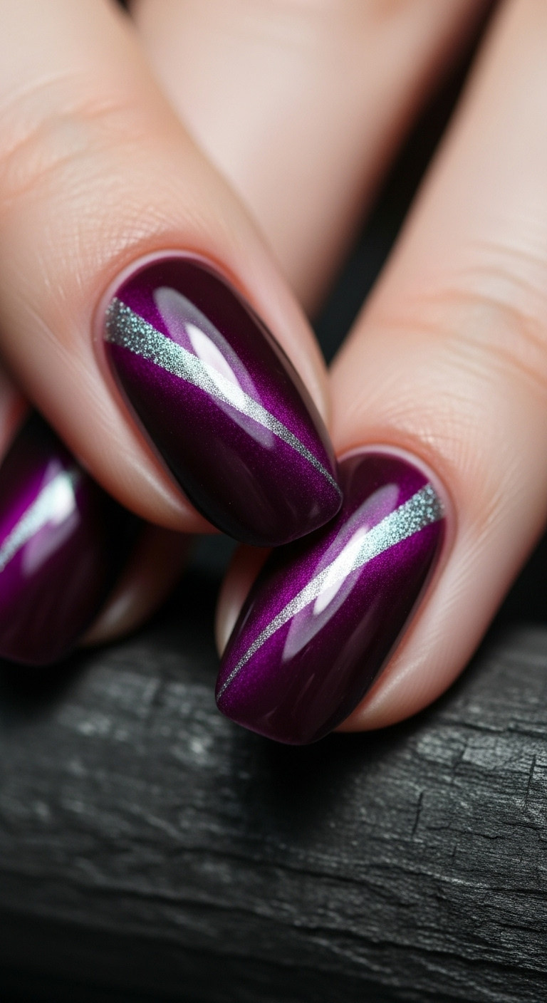 Macro detail of oval plum cat eye nail with shimmering diagonal light on dark textured background