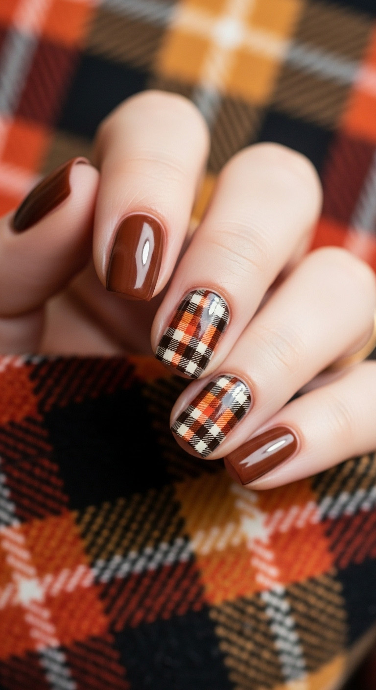 Macro shot of accent nail with intricate cozy plaid design in deep brown, terracotta orange, and cream on a flannel blanket