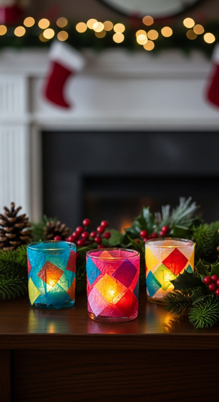 Magical tissue paper votive holders with glowing tea lights on a dark wooden mantelpiece with festive garland and fairy lights