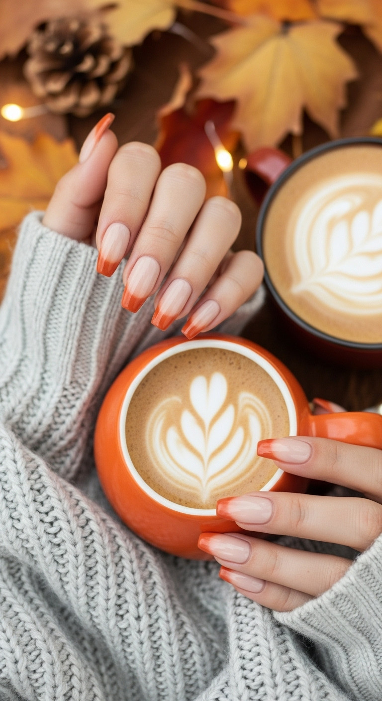 Manicured hands with coffin-shaped autumn ombré nails blending creamy beige to terracotta orange holding a chunky knit blanket