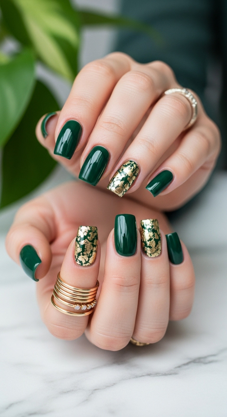 Manicured square nails in deep forest green with gold leaf accent on a white marble countertop and blurred indoor plant background