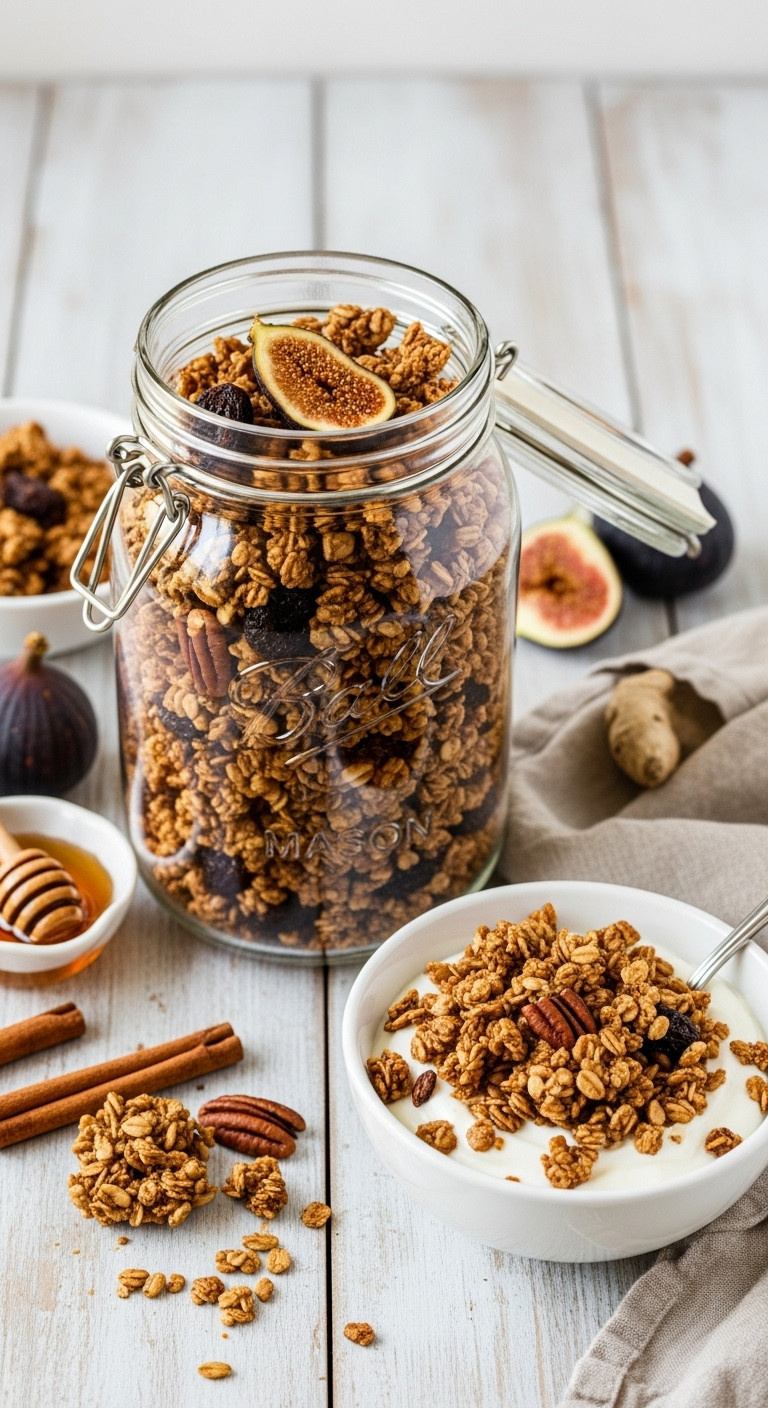 Mason jar filled with chunky fig and ginger holiday granola with a bowl of yogurt on a rustic wooden background