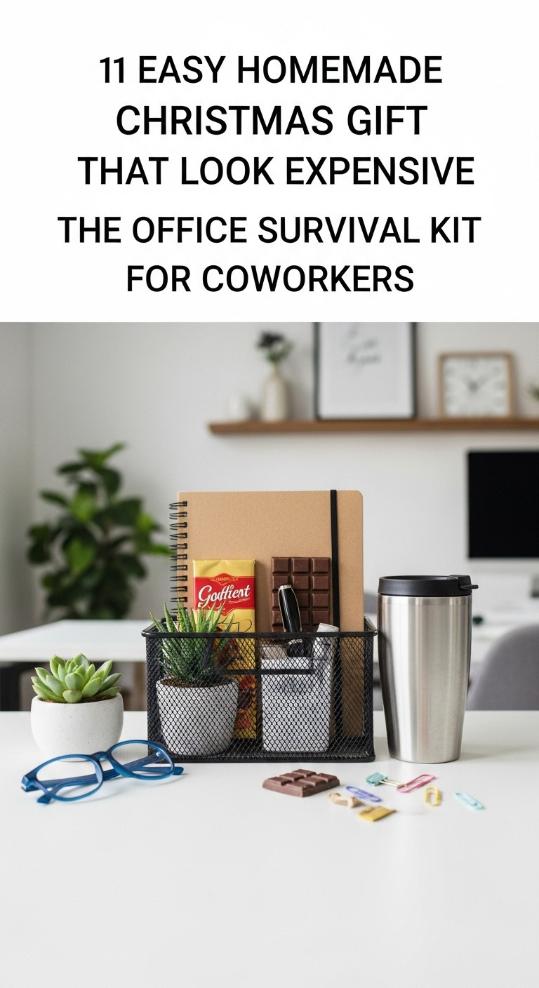 Office survival kit gift basket for coworkers with notebook pen succulent chocolate and travel mug on a white desk