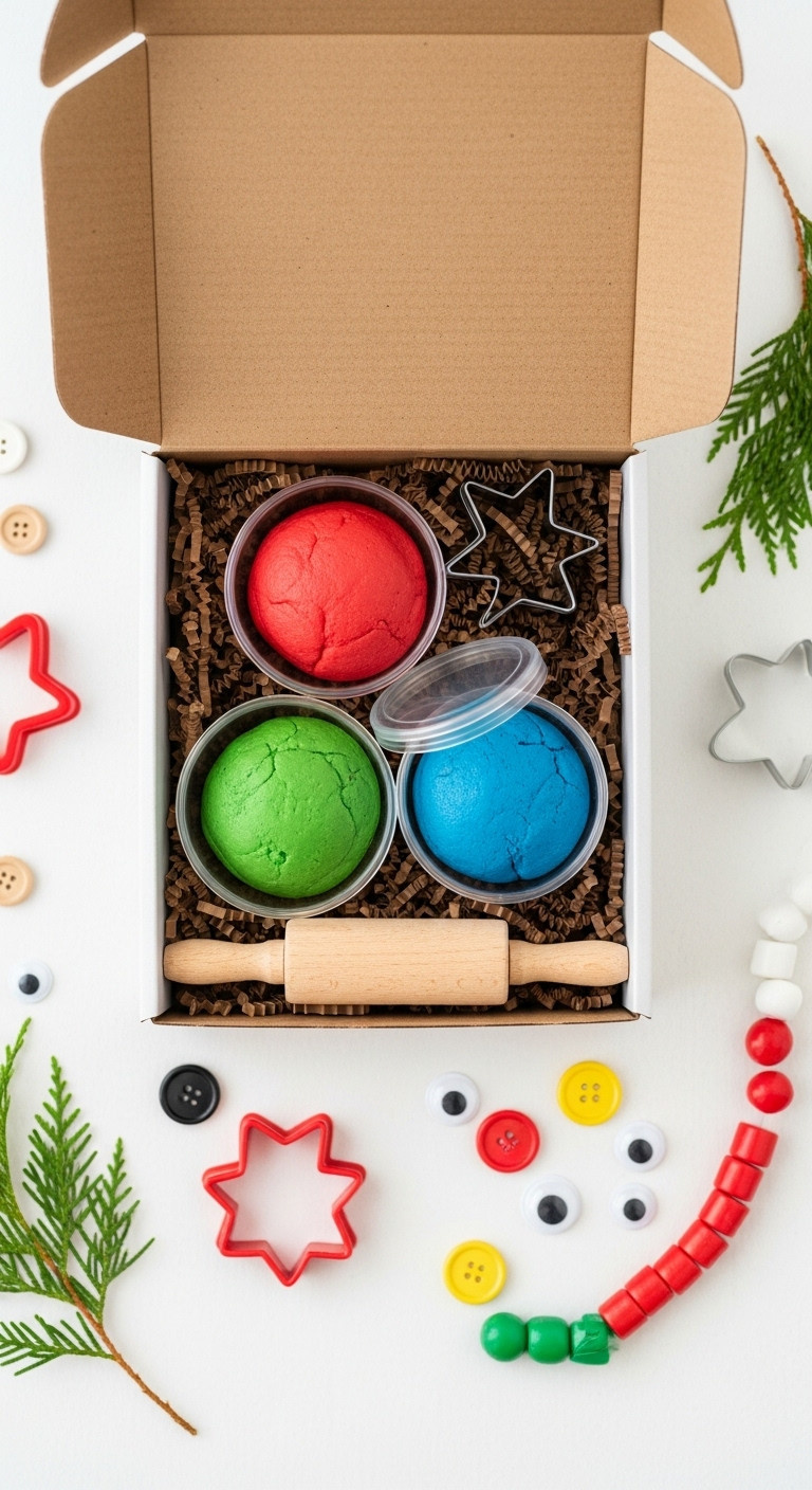 Open gift box with colorful homemade playdough rolling pin cookie cutters and loose parts on a clean white surface