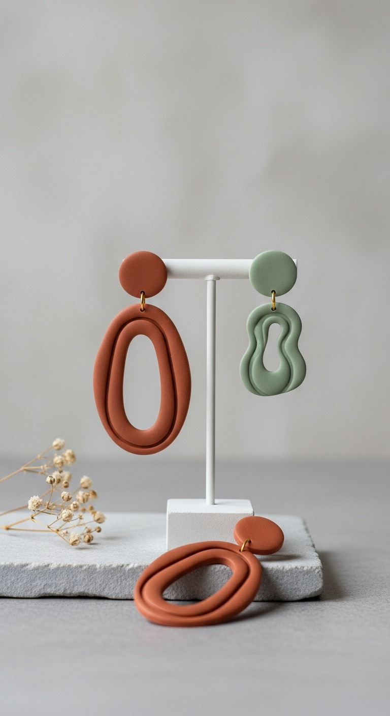Pair of handmade terracotta polymer clay earrings on a jewelry stand and stone surface with a dry botanic element