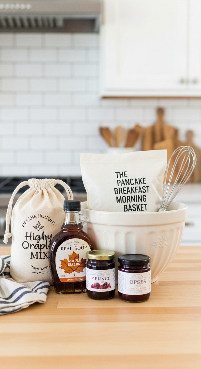 Pancake breakfast morning gift basket with pancake mix maple syrup jam and whisk on a light wood kitchen counter
