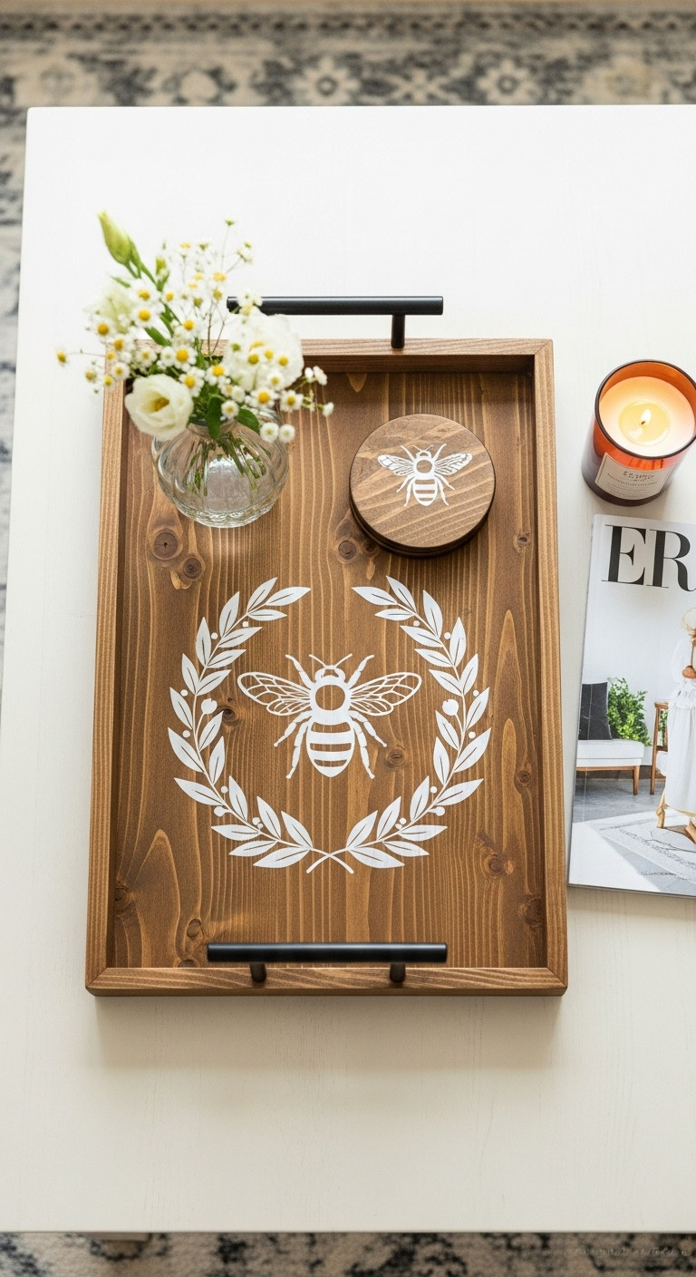Rustic stenciled wooden tray with a bee and laurel wreath design holding a vase of flowers and coasters on a coffee table