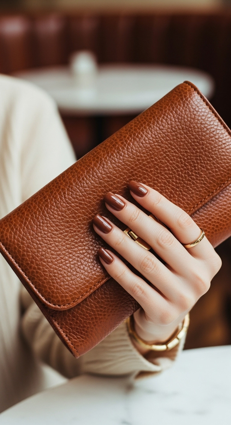 Short squared nails in deep chocolate brown holding a brown leather clutch in a warm cafe setting with golden hour light