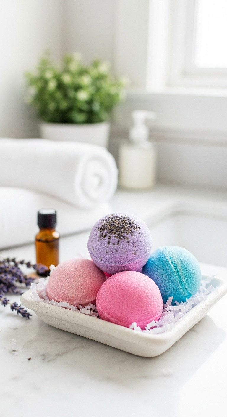 Small elegant gift basket of colorful homemade fizzy bath bombs with lavender and essential oil on a white marble counter