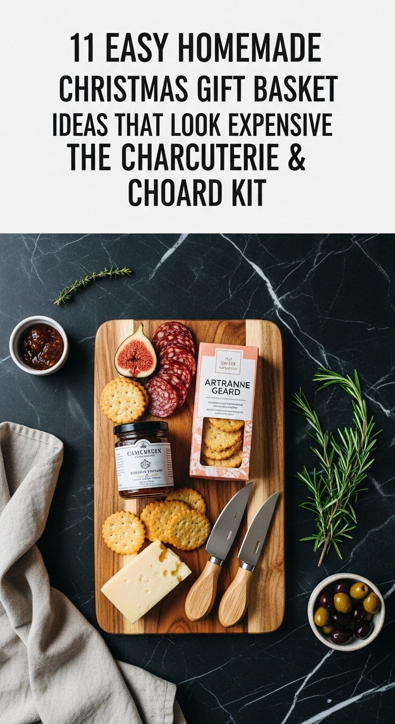 Sophisticated charcuterie and cheese board kit with fig jam crackers and cheese knives on a dark marble surface