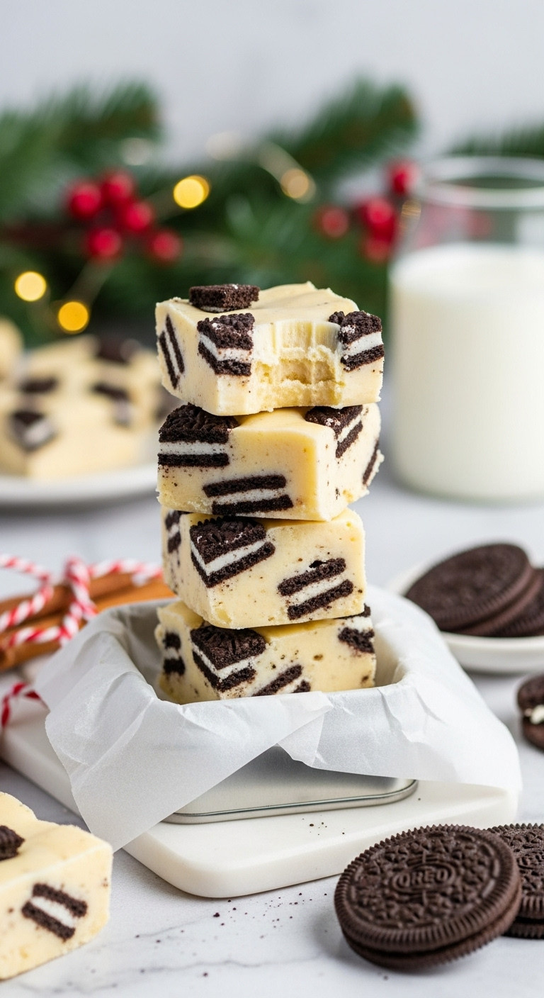 Stack of homemade cookies and cream fudge in a festive Christmas gift tin on white marble with holiday decorations