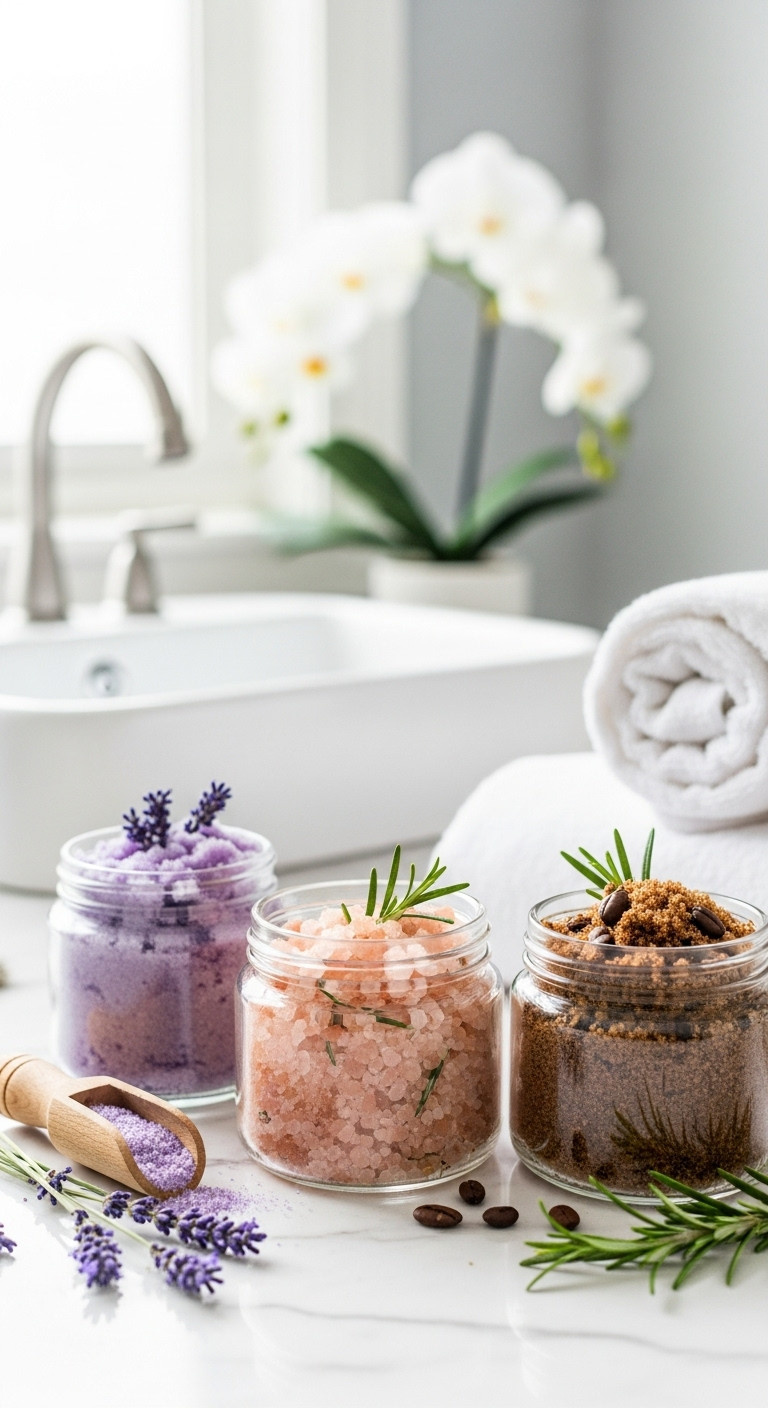 Three elegant glass jars of homemade hand scrubs including lavender sugar Himalayan salt with rosemary and coffee scrub on a marble countertop