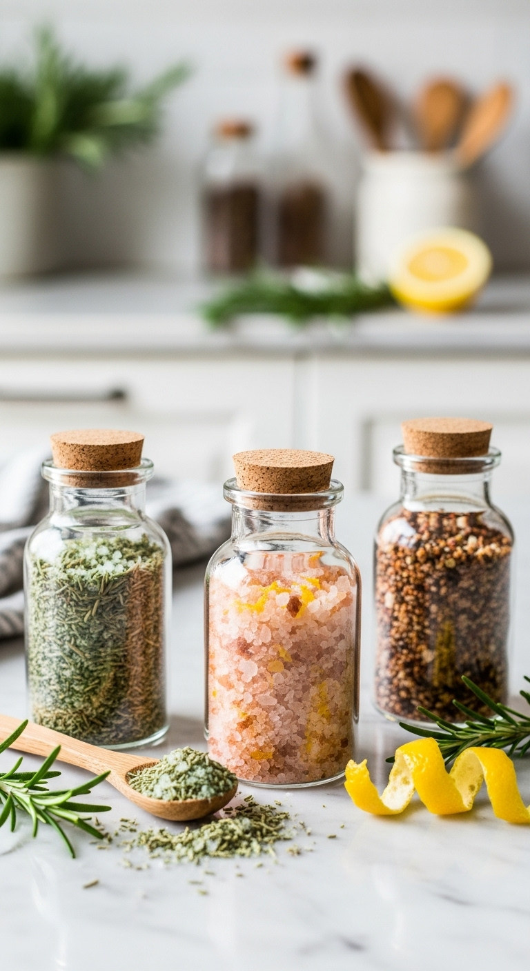 Three elegant glass jars of homemade herb infused finishing salts with rosemary lemon zest and toasted salt on a marble countertop