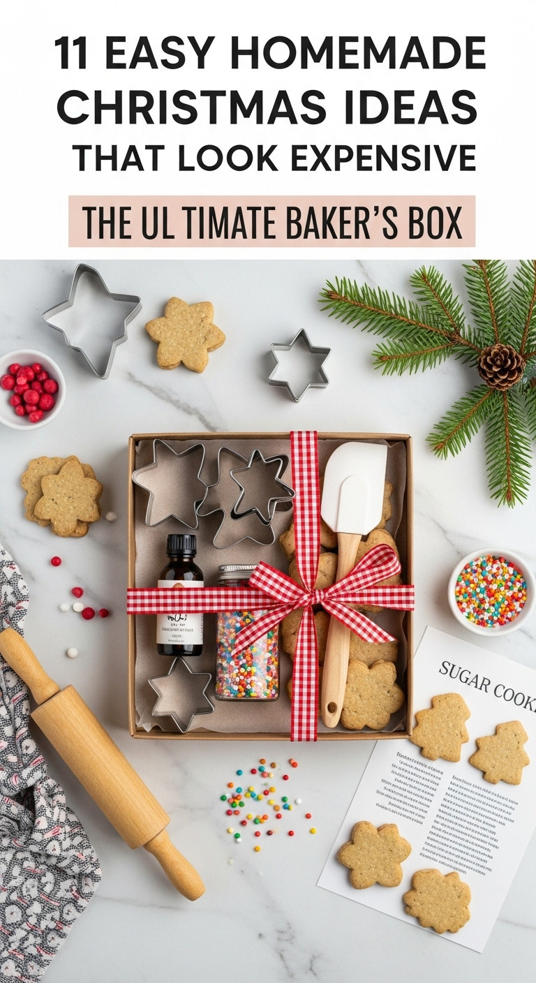 Ultimate baker's gift box with cookie cutters sprinkles vanilla extract and spatula on a white marble countertop