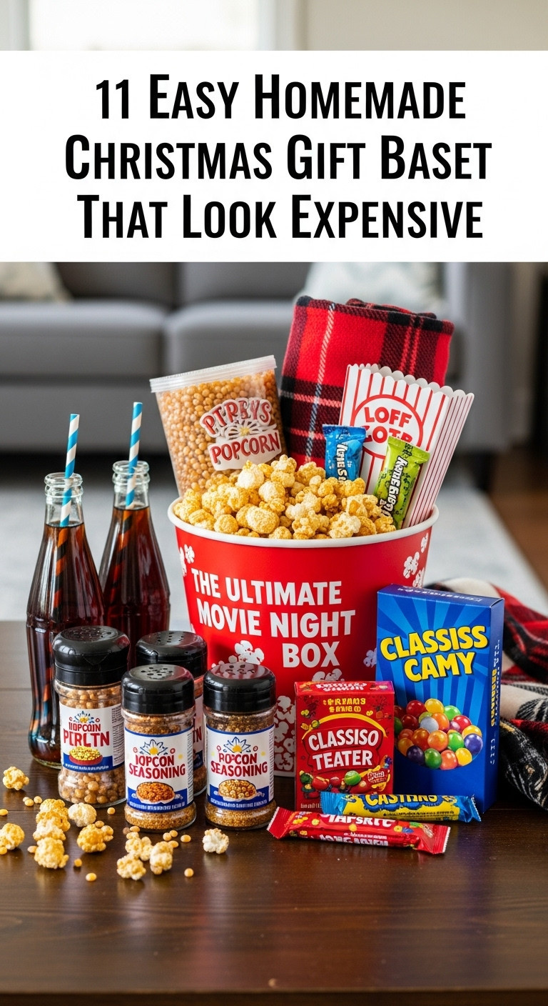 Ultimate movie night gift box with popcorn kernels seasoning candy and a plaid blanket on a dark wood surface